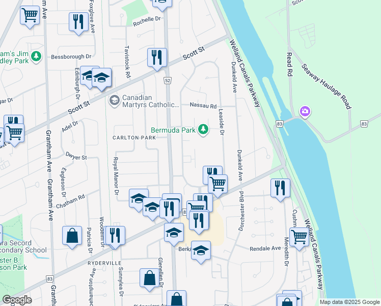 map of restaurants, bars, coffee shops, grocery stores, and more near 60 Windward Street in St. Catharines