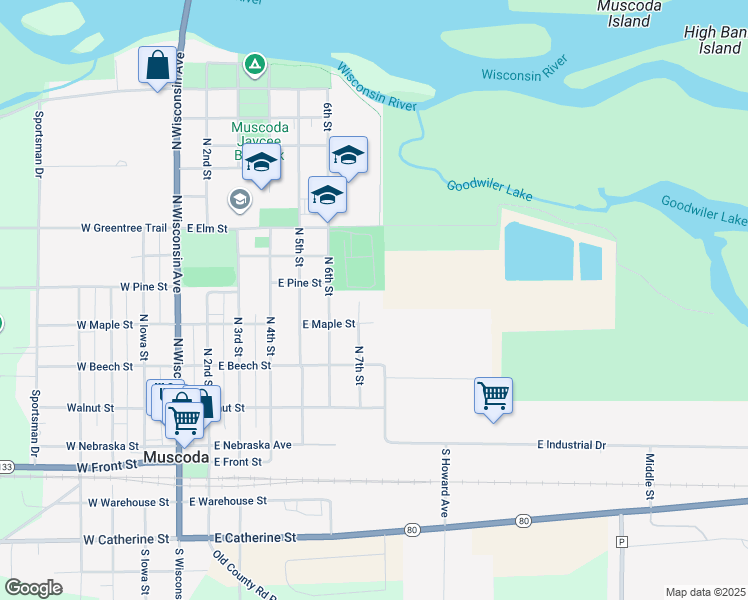 map of restaurants, bars, coffee shops, grocery stores, and more near 483 North 7th Street in Muscoda