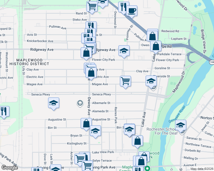 map of restaurants, bars, coffee shops, grocery stores, and more near 282 Seneca Parkway in Rochester