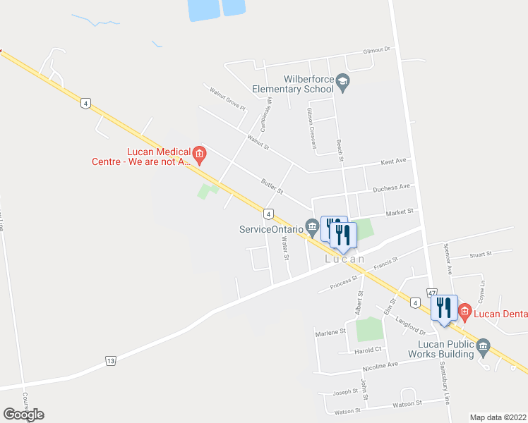 map of restaurants, bars, coffee shops, grocery stores, and more near Main Street in Lucan