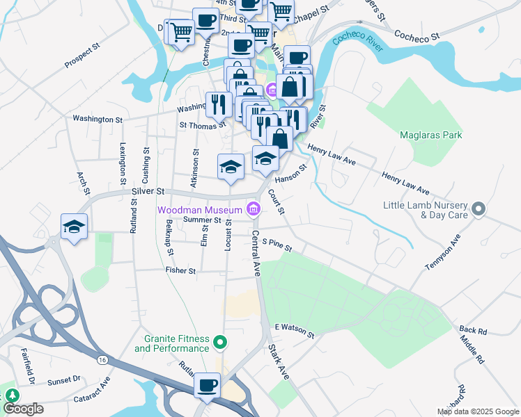 map of restaurants, bars, coffee shops, grocery stores, and more near 191 Central Avenue in Dover