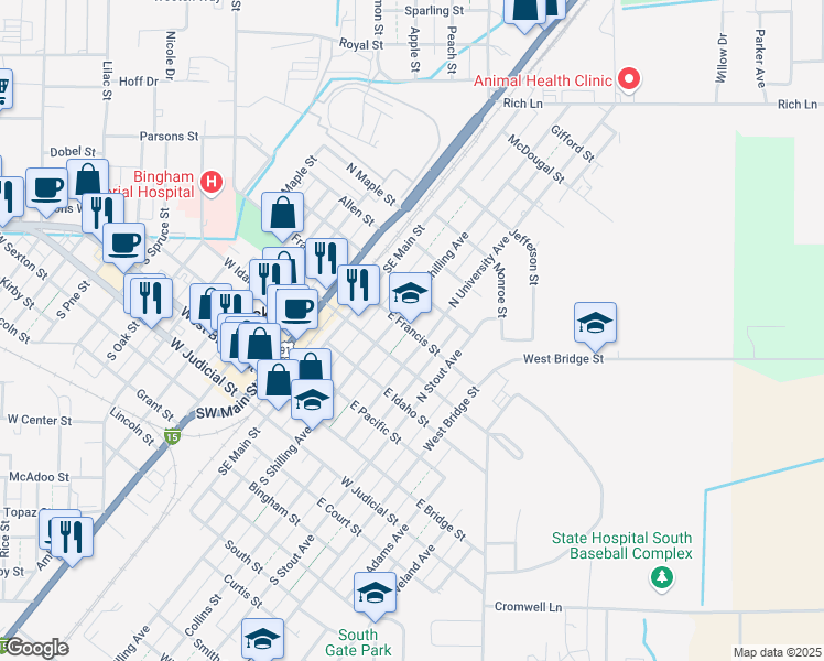map of restaurants, bars, coffee shops, grocery stores, and more near 155 East Francis Street in Blackfoot