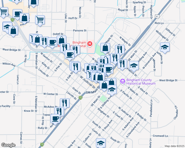 map of restaurants, bars, coffee shops, grocery stores, and more near 198 W Bridge St in Blackfoot