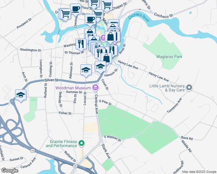 map of restaurants, bars, coffee shops, grocery stores, and more near 32 Court Street in Dover
