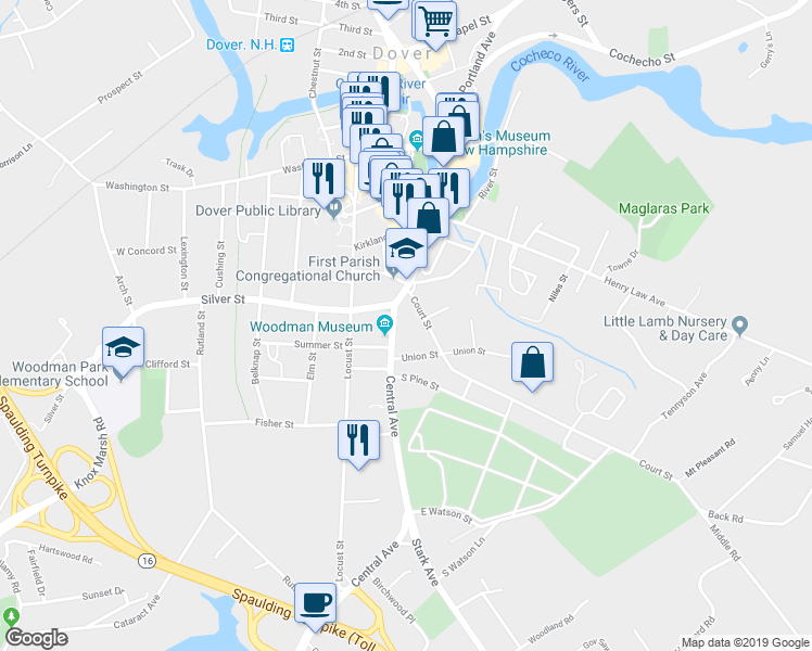 map of restaurants, bars, coffee shops, grocery stores, and more near 187 Central Avenue in Dover