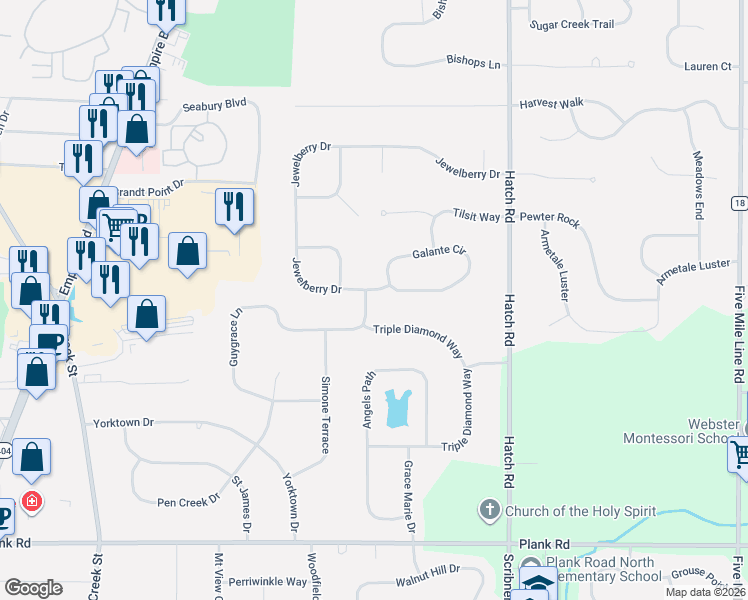 map of restaurants, bars, coffee shops, grocery stores, and more near 9 Triple Diamond Way in Webster