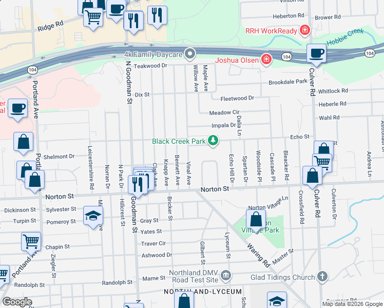 map of restaurants, bars, coffee shops, grocery stores, and more near 10 Strathmore Circle in Irondequoit