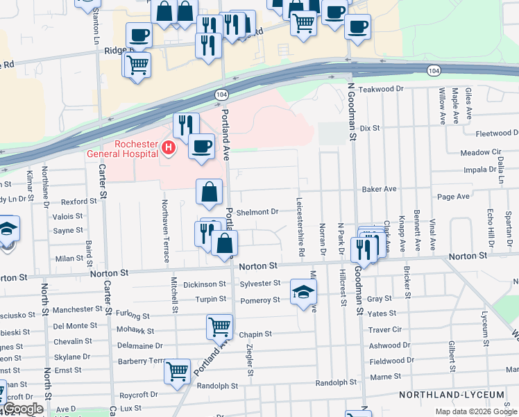 map of restaurants, bars, coffee shops, grocery stores, and more near 43 Shelmont Drive in Rochester