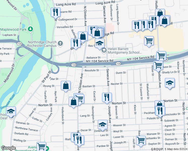map of restaurants, bars, coffee shops, grocery stores, and more near 1600 North Clinton Avenue in Rochester