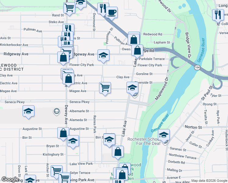 map of restaurants, bars, coffee shops, grocery stores, and more near 180 Seneca Parkway in Rochester