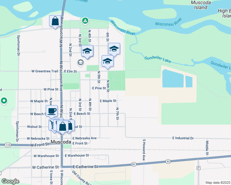 map of restaurants, bars, coffee shops, grocery stores, and more near 483 North 7th Street in Muscoda