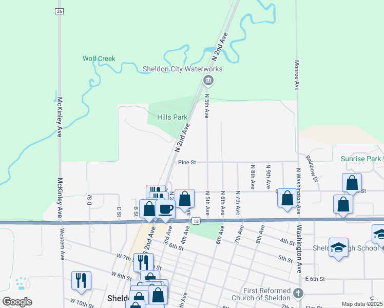 map of restaurants, bars, coffee shops, grocery stores, and more near 310 Pine Street in Sheldon