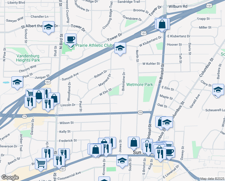map of restaurants, bars, coffee shops, grocery stores, and more near 435 Union Street in Sun Prairie