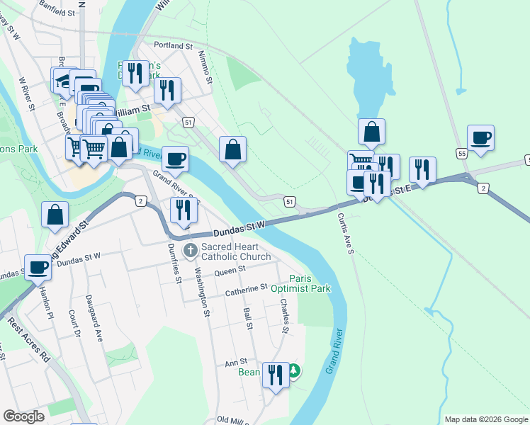 map of restaurants, bars, coffee shops, grocery stores, and more near 2 Willow Street in Brant