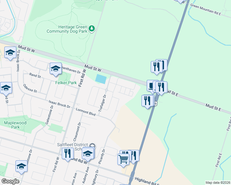 map of restaurants, bars, coffee shops, grocery stores, and more near 183 Penny Lane in Hamilton