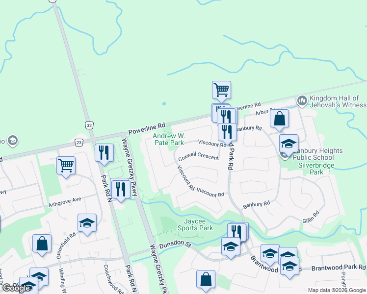 map of restaurants, bars, coffee shops, grocery stores, and more near in Brantford