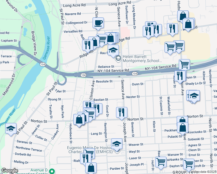 map of restaurants, bars, coffee shops, grocery stores, and more near 87 Resolute Street in Rochester