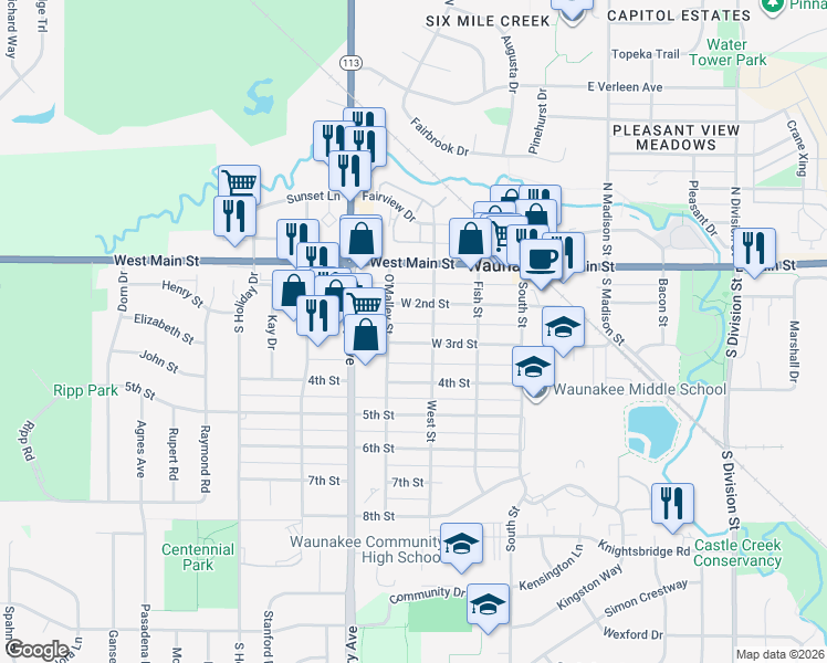 map of restaurants, bars, coffee shops, grocery stores, and more near 310 West 3rd Street in Waunakee