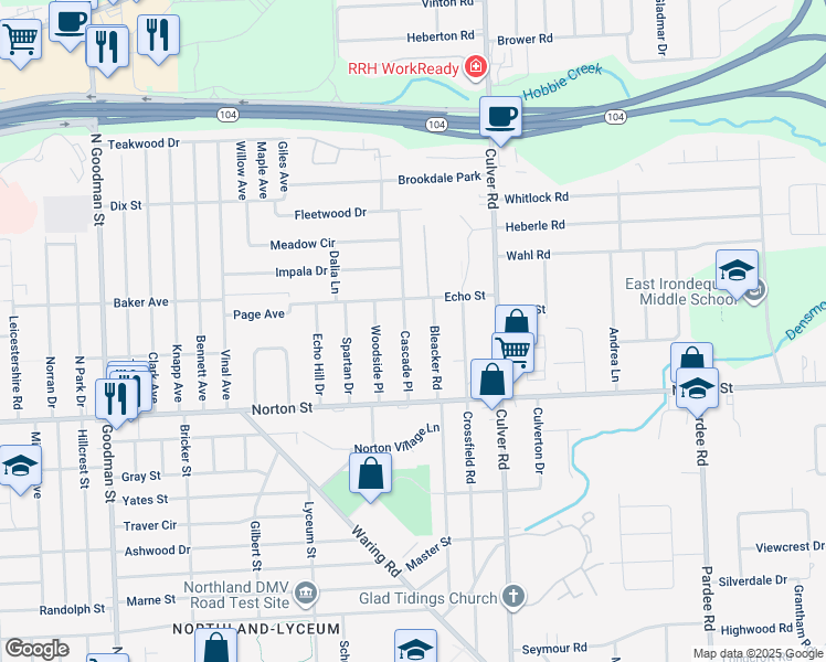 map of restaurants, bars, coffee shops, grocery stores, and more near 295 Cascade Place in Rochester