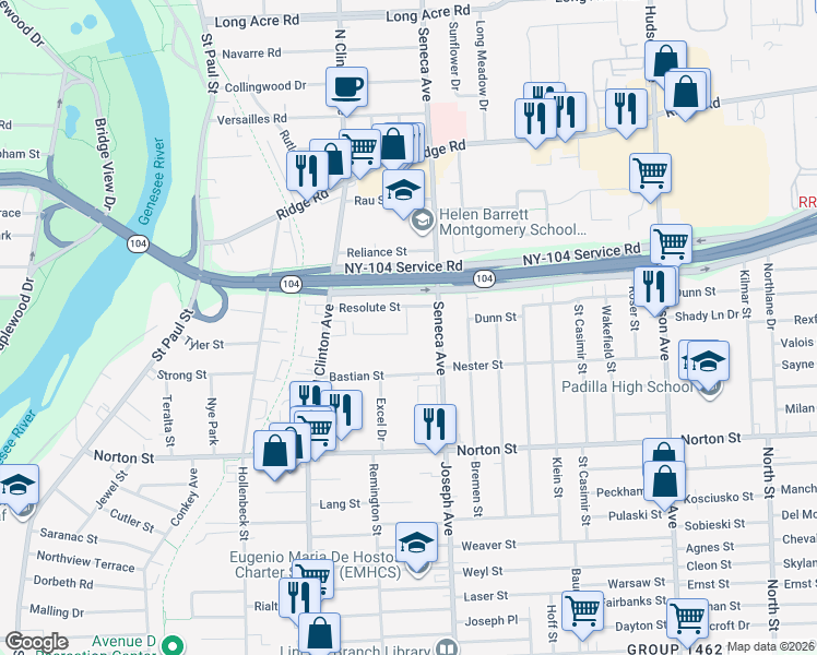 map of restaurants, bars, coffee shops, grocery stores, and more near 30 Resolute Circle in Rochester
