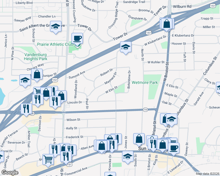 map of restaurants, bars, coffee shops, grocery stores, and more near 404 West Elm Street in Sun Prairie