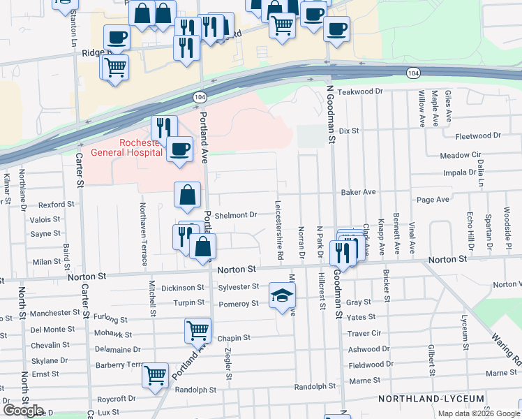 map of restaurants, bars, coffee shops, grocery stores, and more near 93 Shelmont Drive in Rochester