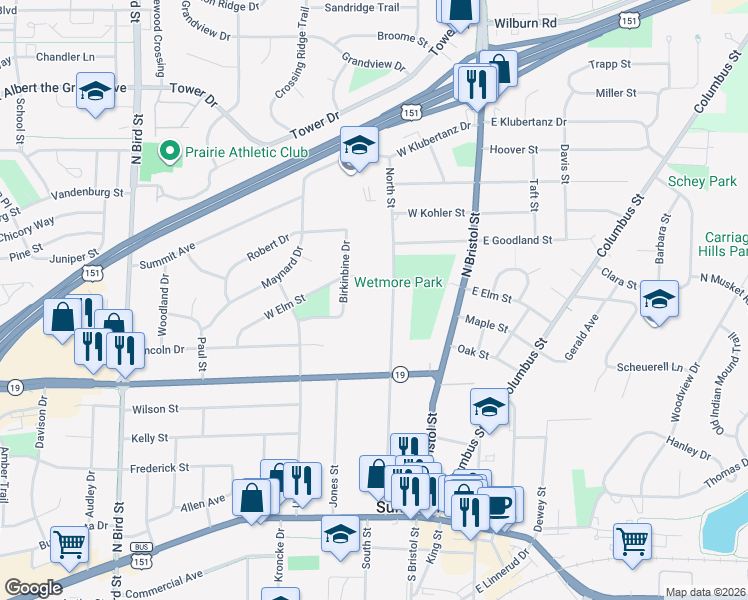 map of restaurants, bars, coffee shops, grocery stores, and more near 356 North Street in Sun Prairie