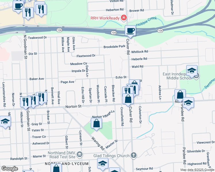 map of restaurants, bars, coffee shops, grocery stores, and more near 295 Cascade Place in Rochester