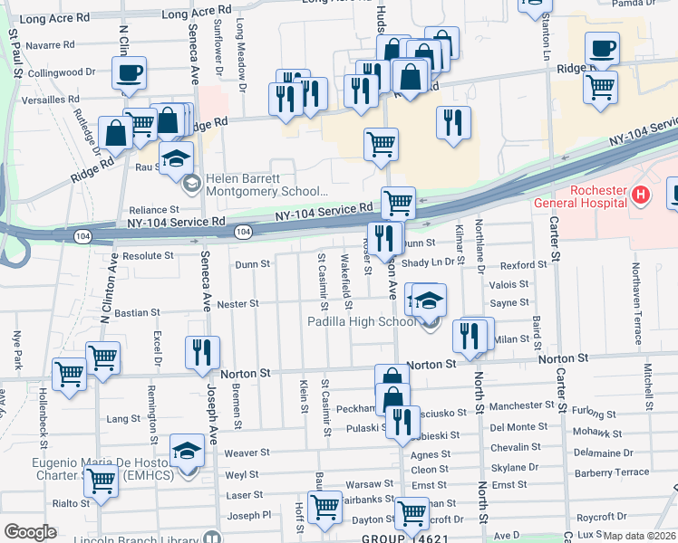 map of restaurants, bars, coffee shops, grocery stores, and more near 125 Wakefield Street in Rochester