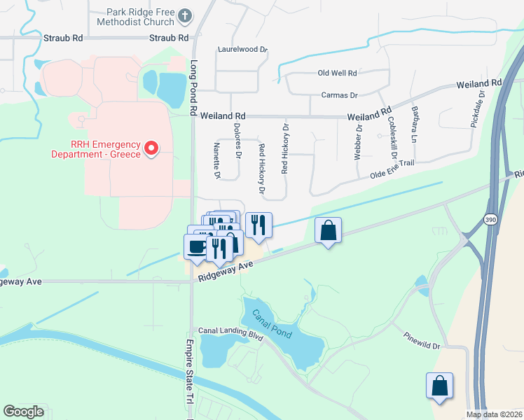 map of restaurants, bars, coffee shops, grocery stores, and more near 2420 Ridgeway Avenue in Rochester