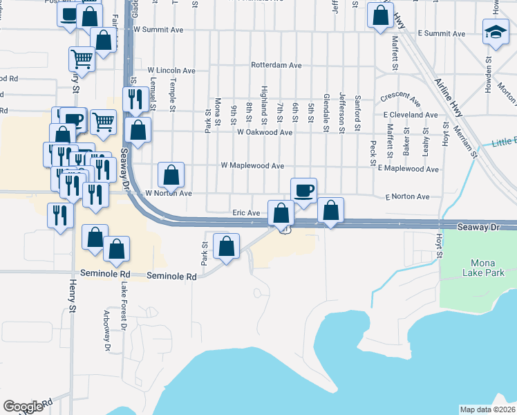 map of restaurants, bars, coffee shops, grocery stores, and more near 278 Eric Avenue in Norton Shores