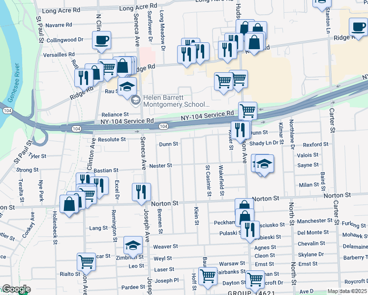 map of restaurants, bars, coffee shops, grocery stores, and more near 231 Moulson Street in Rochester