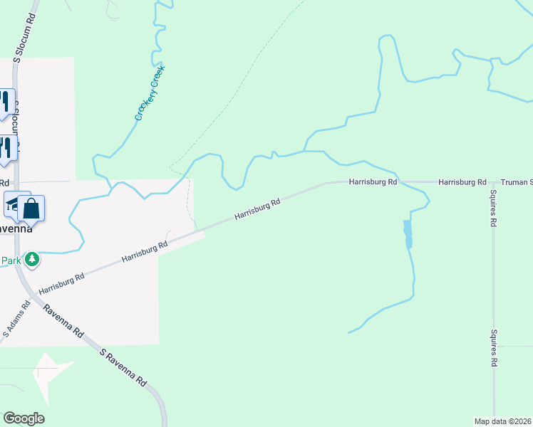 map of restaurants, bars, coffee shops, grocery stores, and more near 13007 Harrisburg Road in Ravenna