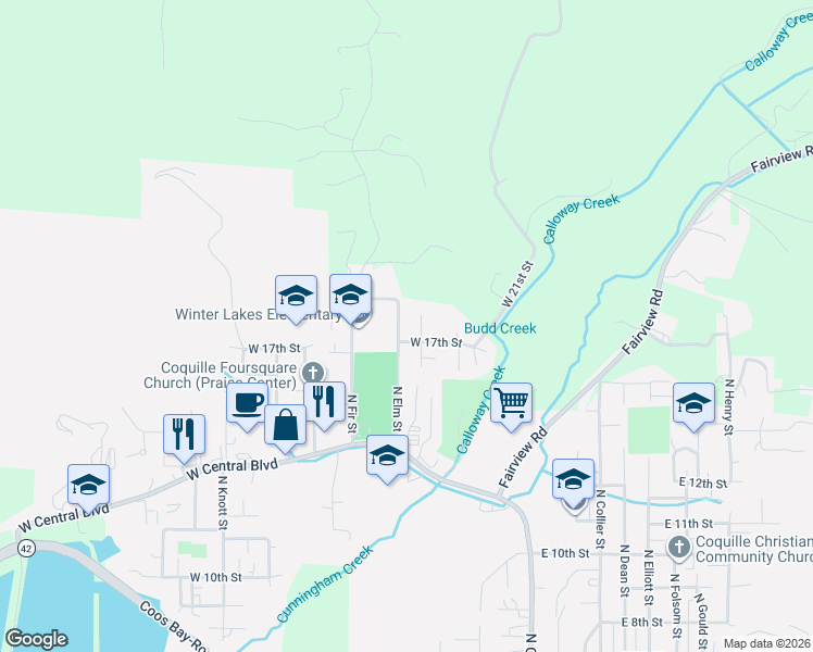 map of restaurants, bars, coffee shops, grocery stores, and more near 1736 North Elm Street in Coquille