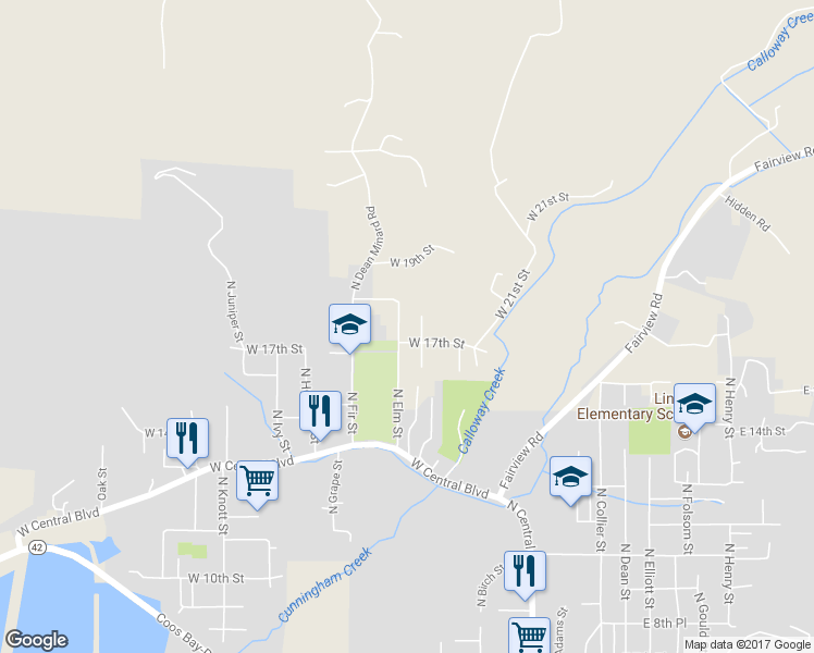 map of restaurants, bars, coffee shops, grocery stores, and more near 1736 North Elm Street in Coquille