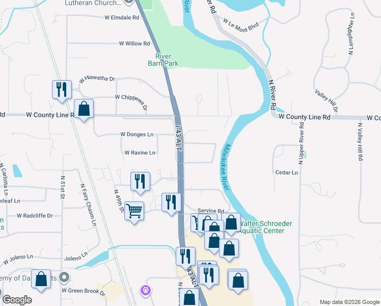 map of restaurants, bars, coffee shops, grocery stores, and more near 4204 West Cherrywood Lane in Brown Deer