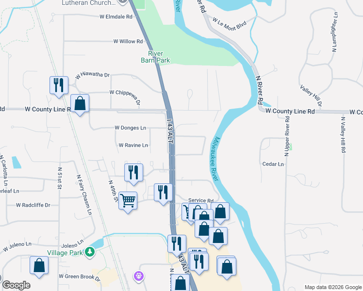 map of restaurants, bars, coffee shops, grocery stores, and more near 4204 West Cherrywood Lane in Brown Deer
