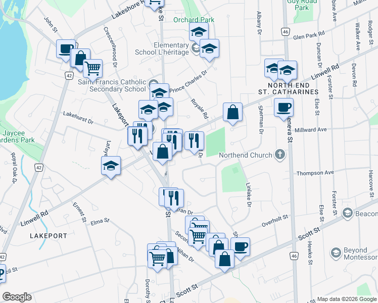 map of restaurants, bars, coffee shops, grocery stores, and more near 25 Linfield Drive in Saint Catharines