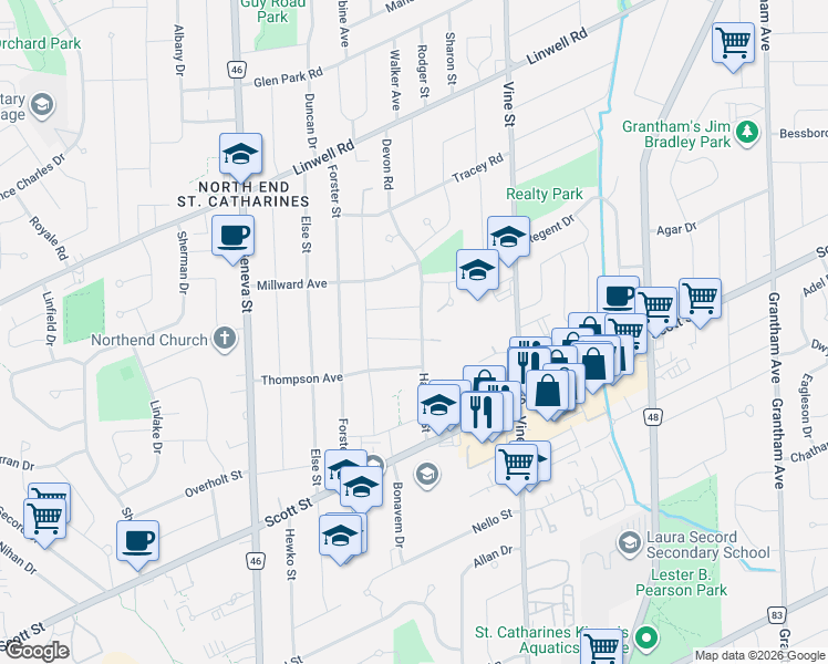 map of restaurants, bars, coffee shops, grocery stores, and more near in St. Catharines