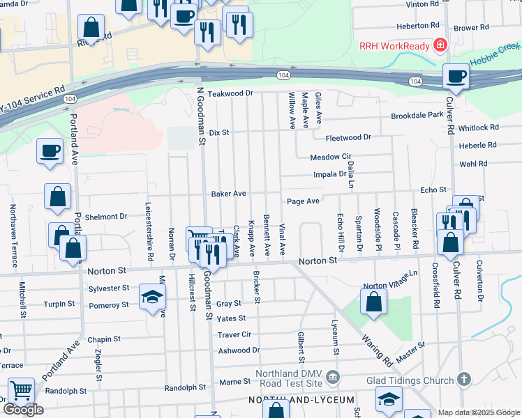 map of restaurants, bars, coffee shops, grocery stores, and more near 84 Bennett Avenue in Rochester