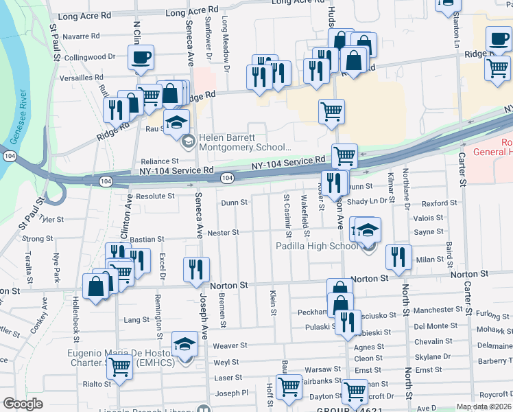 map of restaurants, bars, coffee shops, grocery stores, and more near 231 Moulson Street in Rochester
