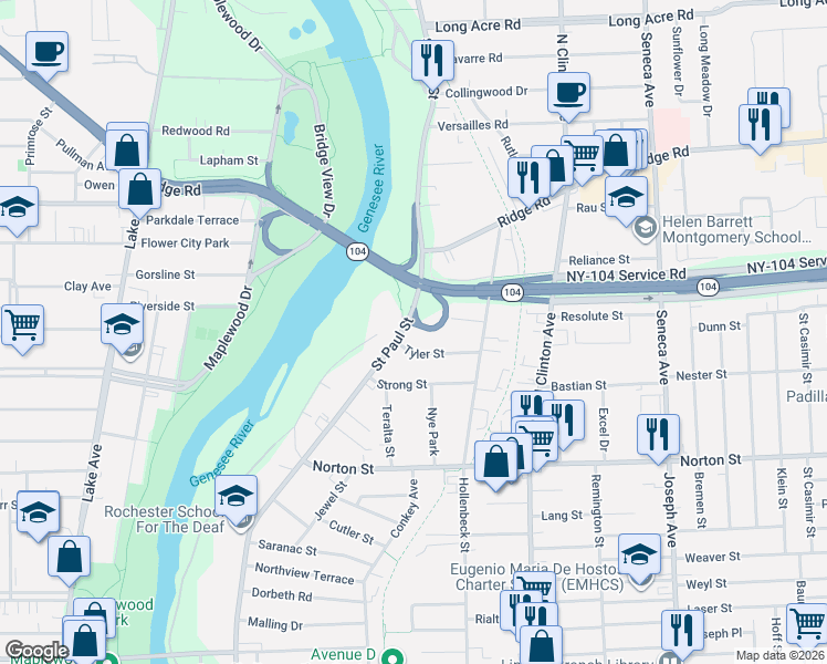 map of restaurants, bars, coffee shops, grocery stores, and more near 1852 Saint Paul Street in Rochester