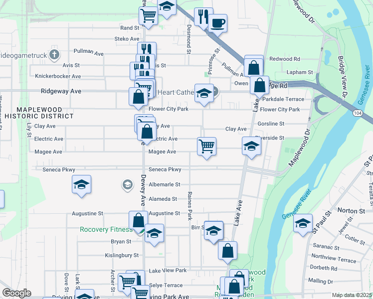 map of restaurants, bars, coffee shops, grocery stores, and more near 282 Seneca Parkway in Rochester