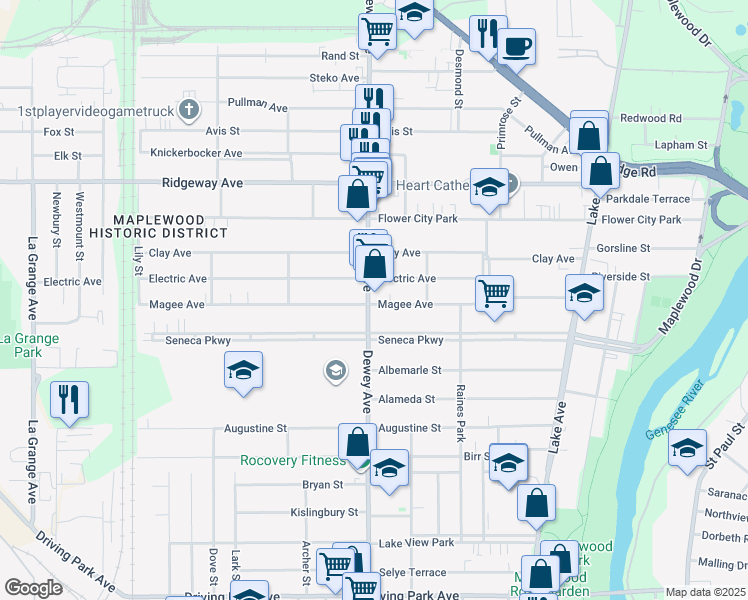 map of restaurants, bars, coffee shops, grocery stores, and more near 396 Seneca Parkway in Rochester