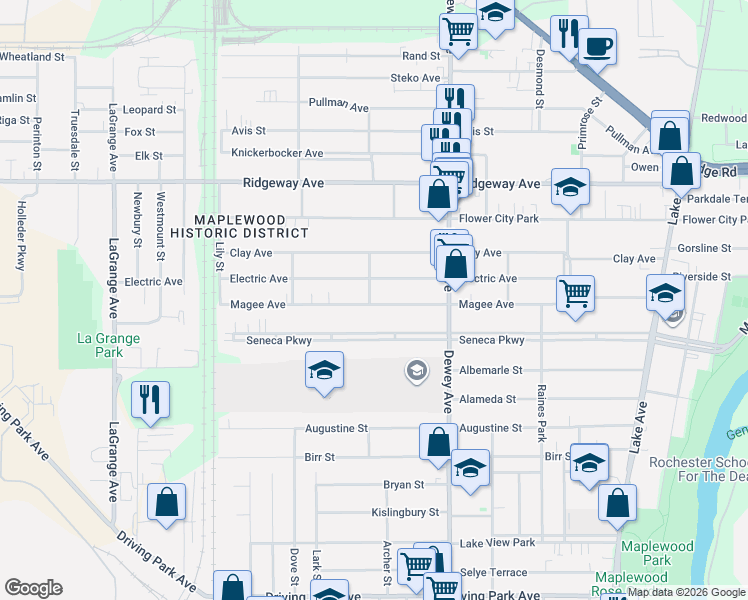 map of restaurants, bars, coffee shops, grocery stores, and more near 500 Seneca Parkway in Rochester