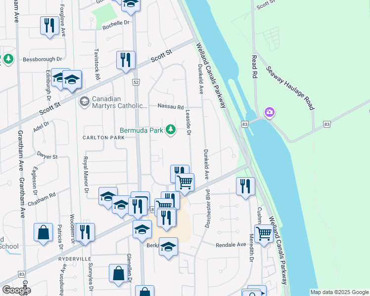 map of restaurants, bars, coffee shops, grocery stores, and more near in St. Catharines