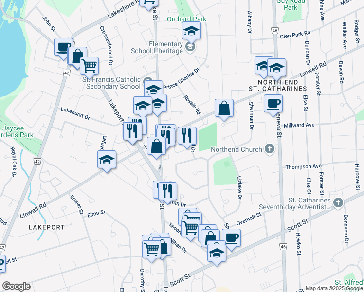 map of restaurants, bars, coffee shops, grocery stores, and more near in St. Catharines