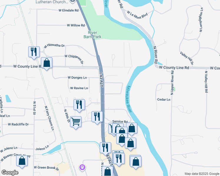 map of restaurants, bars, coffee shops, grocery stores, and more near 4204 West Cherrywood Lane in Brown Deer
