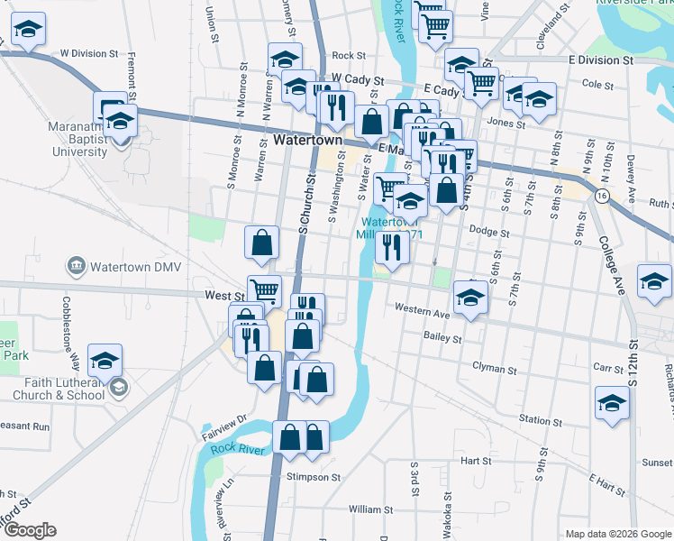 map of restaurants, bars, coffee shops, grocery stores, and more near 507 South Washington Street in Watertown
