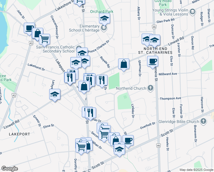 map of restaurants, bars, coffee shops, grocery stores, and more near 16 Linfield Drive in Saint Catharines